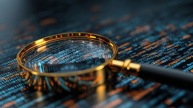 Golden magnifying glass revealing binary code, cybersecurity implications, technology concepts, data analysis, and financial investigation are shown carefully.