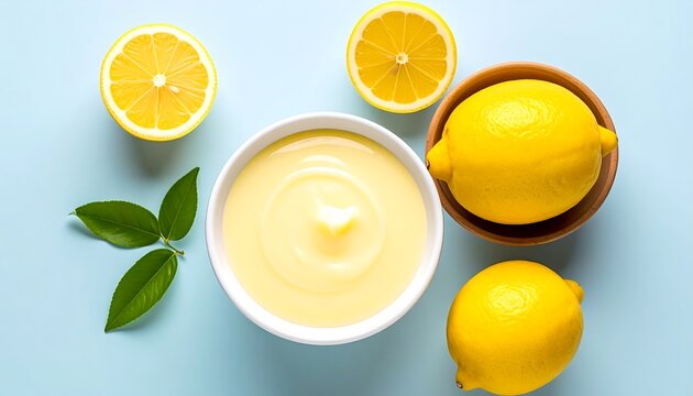 Lemon curd in a white bowl, surrounded by lemons and leaves