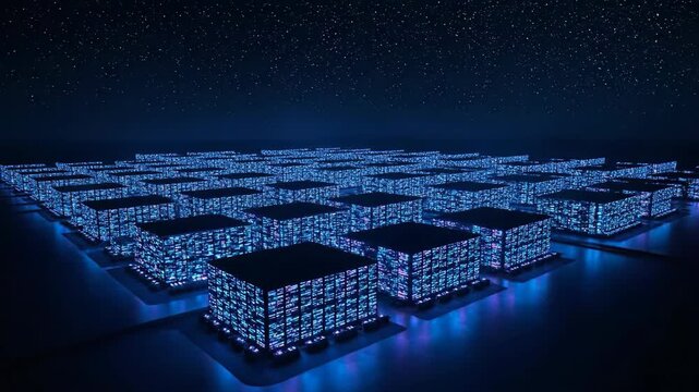 Aerial view of futuristic data center with blue lights, showcasing advanced technology and servers under mesmerizing starry night sky