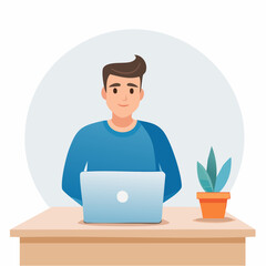 Illustration of a cheerful young man sitting at a desk with a laptop. A concept representing a freelancer, student, or remote employee in a modern workspace