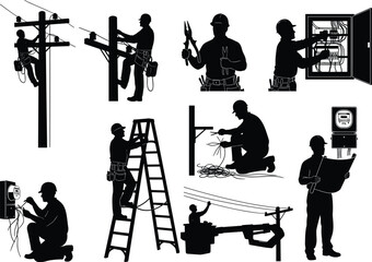 PrintElectrical worker silhouette, utility pole maintenance, wiring tasks, ladder work, bucket truck operation, professional posture, vector illustration, black graphic, job scene