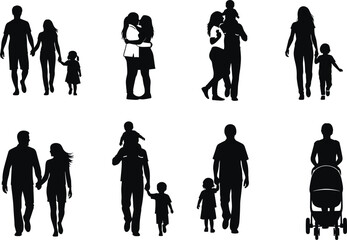 PrintFamily silhouette walking, embracing, parenting, pushing stroller, holding hands, caregiving roles, emotional connection, black vector illustration, relationship scene, lifestyle graphic