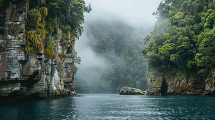 Scenic landscape of water and rock formations in a natural environment