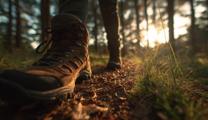 Obraz premium Hiking boots on a forest path at sunset (2)