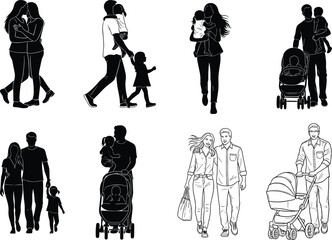 PrintFamily silhouette walking, parenting scene, stroller push, adult with child, emotional bond, lifestyle vector illustration, black graphic, caregiving relationship icon