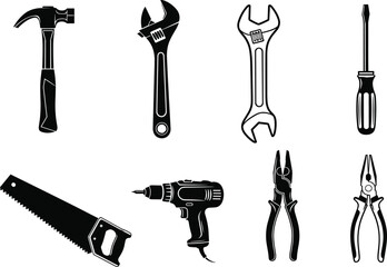 PrintHand tool silhouette, hammer, wrench, screwdriver, saw, drill, pliers, black vector illustration, construction icon, repair toolkit, DIY graphic