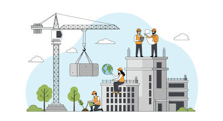 Flat illustration of construction workers with cranes and blueprints building high-rise structures, symbolizing teamwork, sustainable development, architecture, and global urban growth