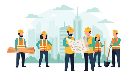 Flat illustration of construction workers and engineers with blueprints, wood, and tools at an urban building site, symbolizing teamwork, planning, and collaboration in modern architecture and develop