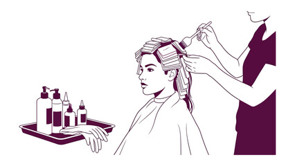 Obraz premium Stylist s hands carefully applying hair dye to client s long braided hair with bottles of products in foreground