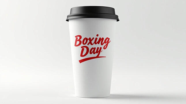 A white paper coffee cup with a black lid features the words boxing day in red script, isolated on white background this image evokes the spirit of postchristmas sales and holiday cheer