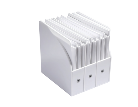 White plastic file organizer with multiple compartments holding documents
