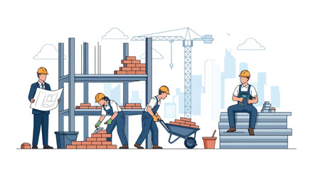 Flat illustration of construction workers and engineer at a building site with bricks, tools, and scaffolding, symbolizing teamwork, architecture, urban development, and project management