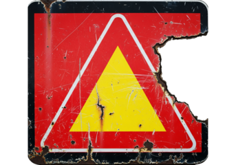 Weathered red triangle warning sign with yellow inner triangle distressed texture caution symbol
