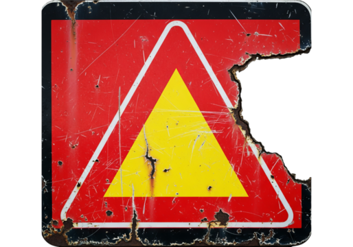 Weathered red triangle warning sign with yellow inner triangle distressed texture caution symbol