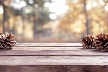 Autumn wooden table with pinecones and blurred forest background, rustic seasonal backdrop with copy space for holiday design
