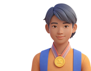 Smiling, light-skinned boy with short gray hair, wearing a colorful medal