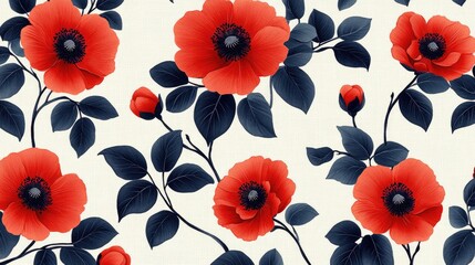 A vibrant floral pattern showcases large, vivid red blossoms against a backdrop of deep navy leaves and stems, creating a striking design.