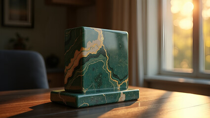 Fototapeta premium Polished L-shaped stone bookend with green and gold marble on dark wood