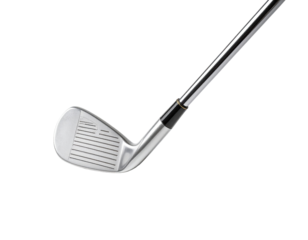 Close-up of a golf club iron head and shaft.  The clubhead is a light gray metal with grooved lines, and the shaft is a dark metallic gray.  The clubhead is angled downward, 