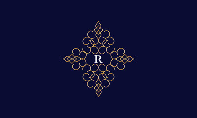 Trendy logo design template with initial R. Elegant frame suitable for restaurants, hotels, cafes, shops, fashion salons, beauty salons, labels, etc.
