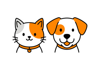 Simple vector illustration of cat and dog faces combined into a modern pet care logo design in orange and black style, suitable for veterinary clinics, pet shops, shelters, or branding