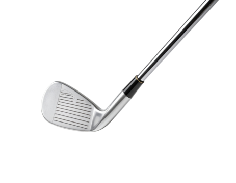 Close-up of a golf club iron head and shaft.  The clubhead is a light gray metal with grooved lines, and the shaft is a dark metallic gray.  The clubhead is angled downward, 