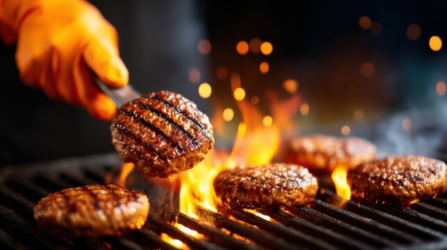 A person in gloves is flipping grilled burgers over a fiery barbecue, creating a sizzling cooking scene filled with vibrant flames and mouthwatering patties.