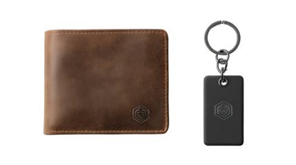 Brown leather wallet keychain and tag showing embossed design.