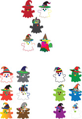 Colorful Halloween ghosts wearing witch hats spooky