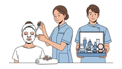 Skincare professionals applying facial mask and showcasing beauty products for spa treatments and cosmetic services