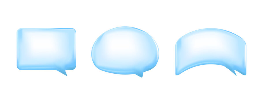Set of glossy blue chat bubbles in different shapes. Transparent water or air bubble style speech balloons isolated on white background.