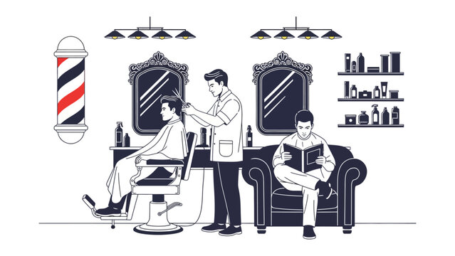 Vintage barber shop scene with stylist cutting hair customer waiting in chair reading book and iconic barber pole illustration