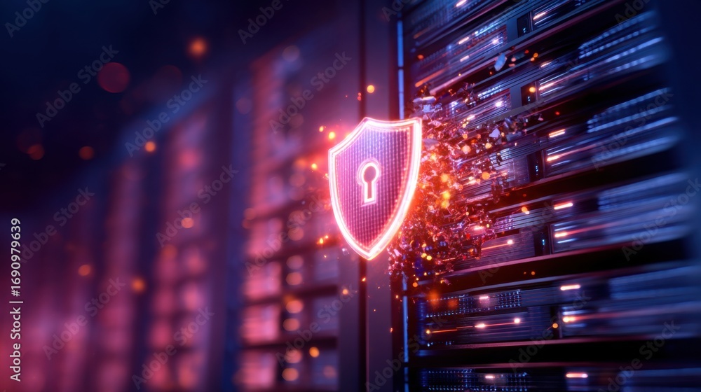 Poster a digital illustration showcasing a shield symbolizing cybersecurity, surrounded by server racks, em