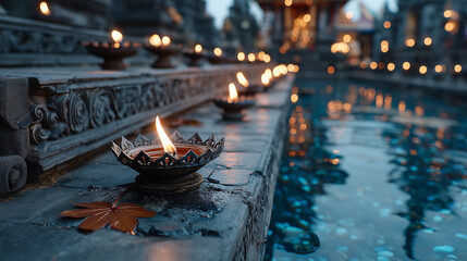 Oil Lamps Lining Water Edge at Thadingyut Festival in Myanmar Temple, Candlelight Reflection Symbolizing Peace, Devotion and Festival of Lights Celebration