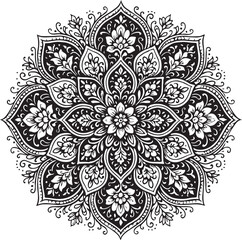 Intricate black and white mandala design with floral petals and decorative swirls perfect for meditation and spiritual art