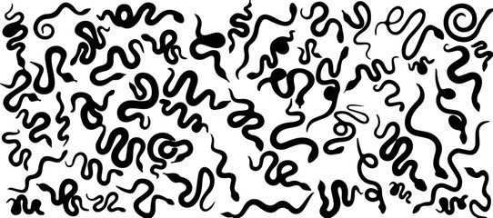 snake, serpent, reptile, animal, wildlife, silhouette, black, white background, pattern, texture, design, graphic, illustration, isolated, collection, set, variety, different, shapes, coiled, winding,