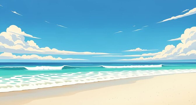 A serene beach scene with clear blue skies, gentle waves lapping the sandy shore, and fluffy white clouds creating a peaceful and relaxing atmosphere animated 4k video