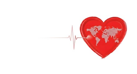 Red heart with world map overlay and electrocardiogram line, representing global health and cardiology, isolated on white background