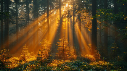 Obraz premium Sunlight Beams Through Misty Forest in Morning Light Capturing Nature's Serenity and Beauty