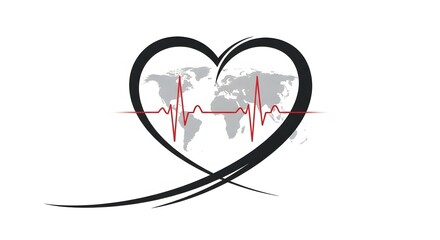 Black heart with world map and electrocardiogram isolated on white background