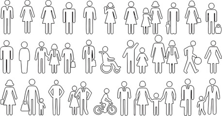 people, pictogram, icon, symbol, man, woman, child, family, couple, person, silhouette, graphic, design, illustration, business, career, travel, mobility, disability, wheelchair, cycling, walking, hol