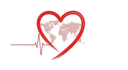 Red heart with world map inside and electrocardiogram line isolated on white background