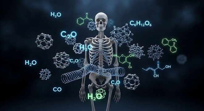 3D model of a skeleton surrounded by various molecular structures, illustrating chemical compounds and biological processes.