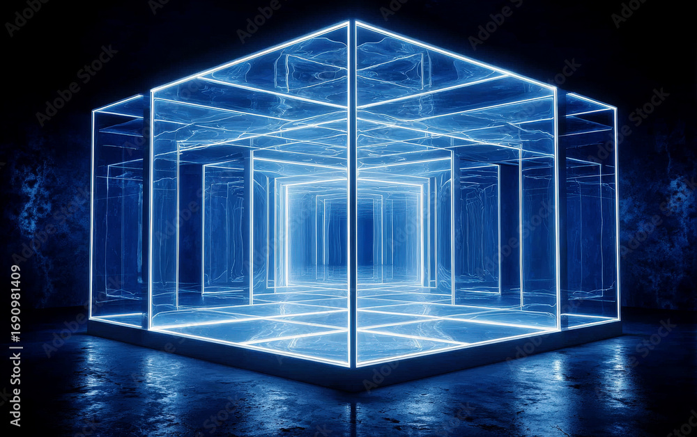 Poster blue neon lit transparent cube structure with multiple reflections