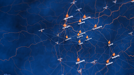 Leshan map big data visualization. Futuristic map infographic of city in China. Visual map data complexity in modern blue and orange colors