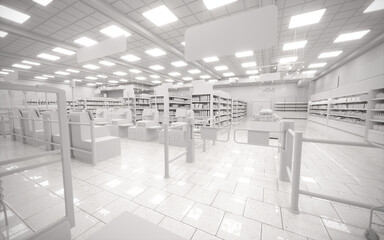 3D white blank supermarket entrance barriers render