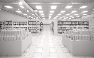 3D white blank supermarket product display render