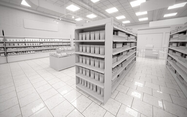 3D white blank supermarket etail product display gondola render © Neo3Design