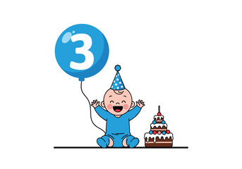 Happy third birthday celebration for adorable baby boy with cake and blue balloon