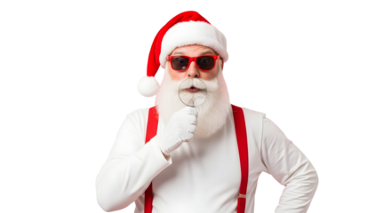 A modern Santa Claus in cool sunglasses playfully whisks a finger to his lips, hinting at a delightful holiday secret and festive mischief